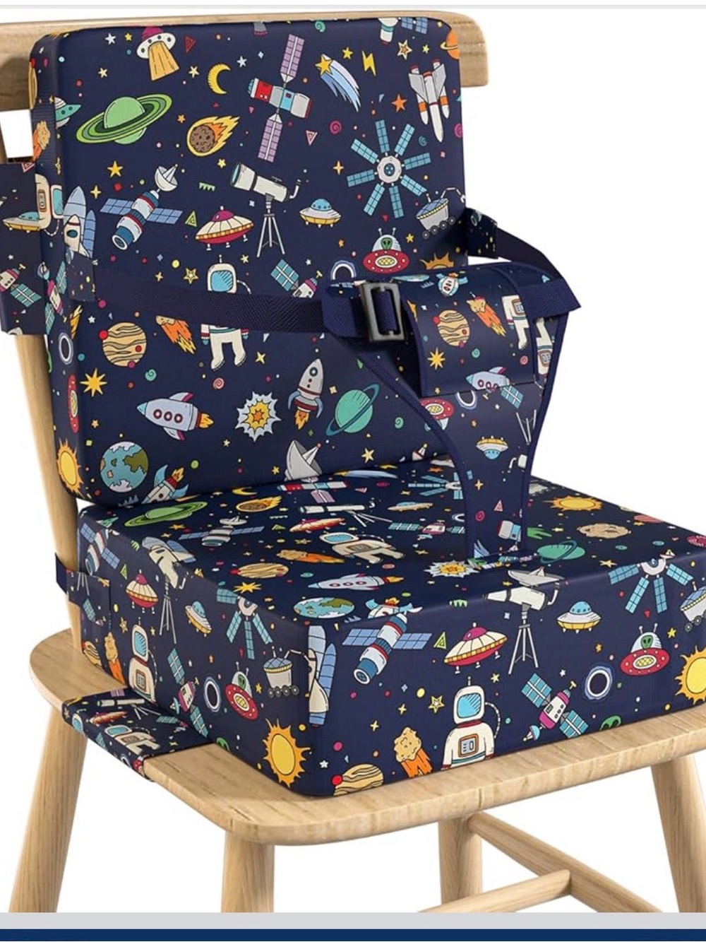 Kids Space-Themed Booster Seat Cushion in Navy Blue - Adjustable Safety Strap